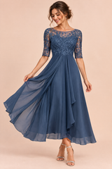 Vestido de chiffon com corpete bordado Azul-marinho