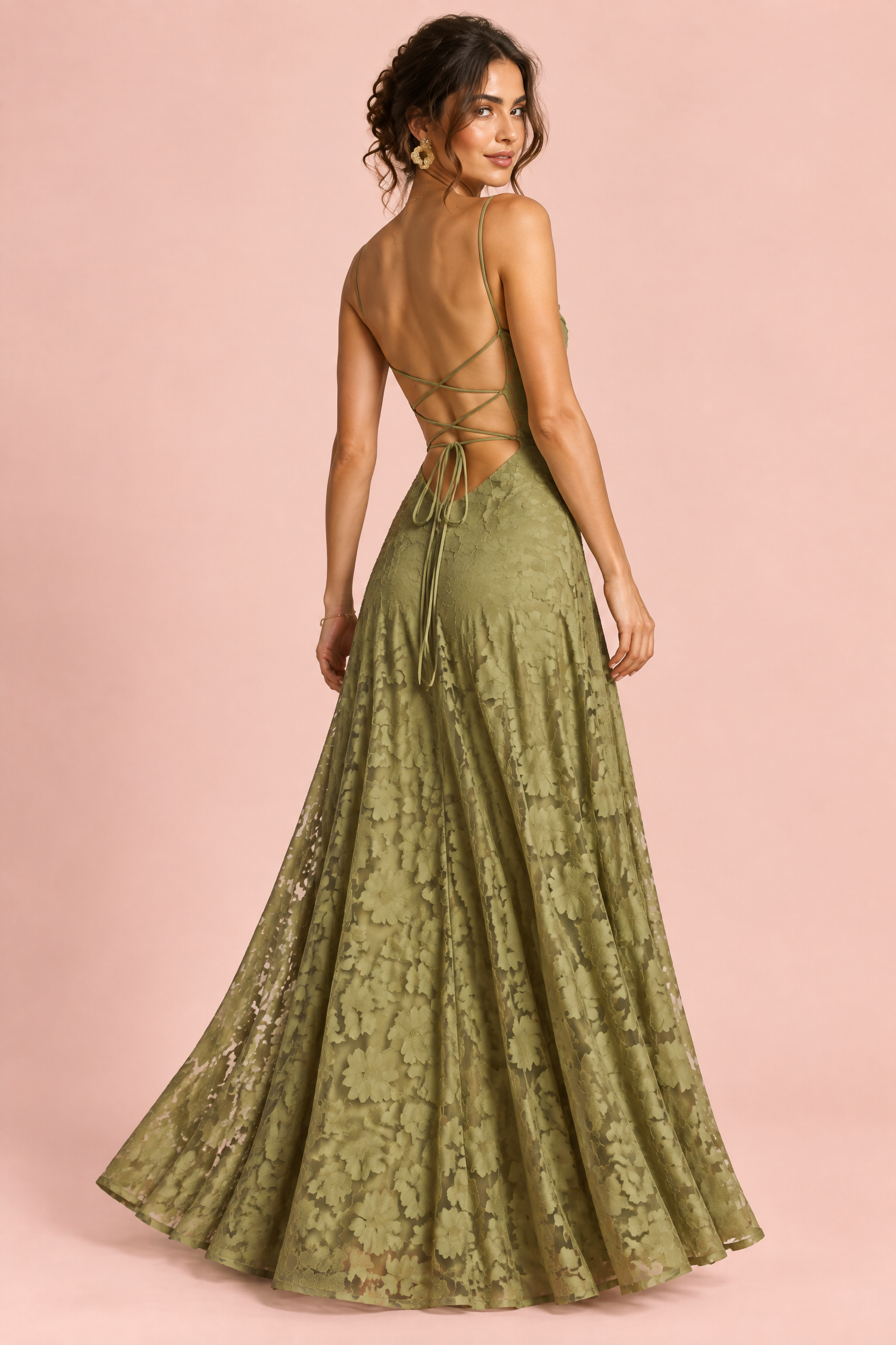 Robe longue fleurie olive à col bénitier | Vue de dos | Lounelle Paris