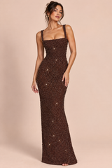 Vestido comprido de lantejoulas castanho