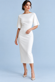 Robe midi blanche avec cape amovible | Vue de face | Lounelle Paris
