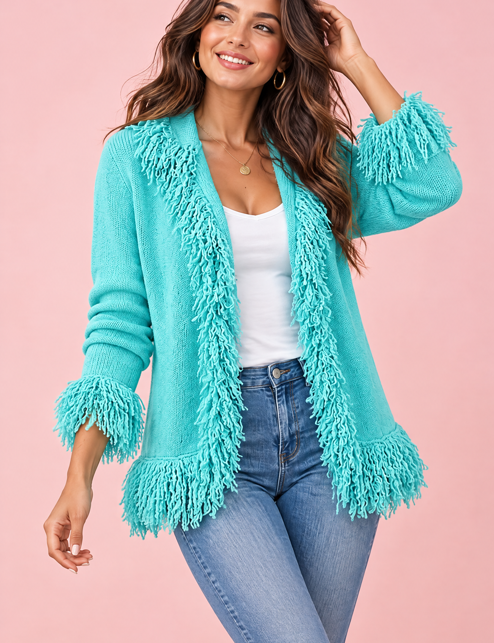 Gilet turquoise à franges | Vue de face | Lounelle Paris
