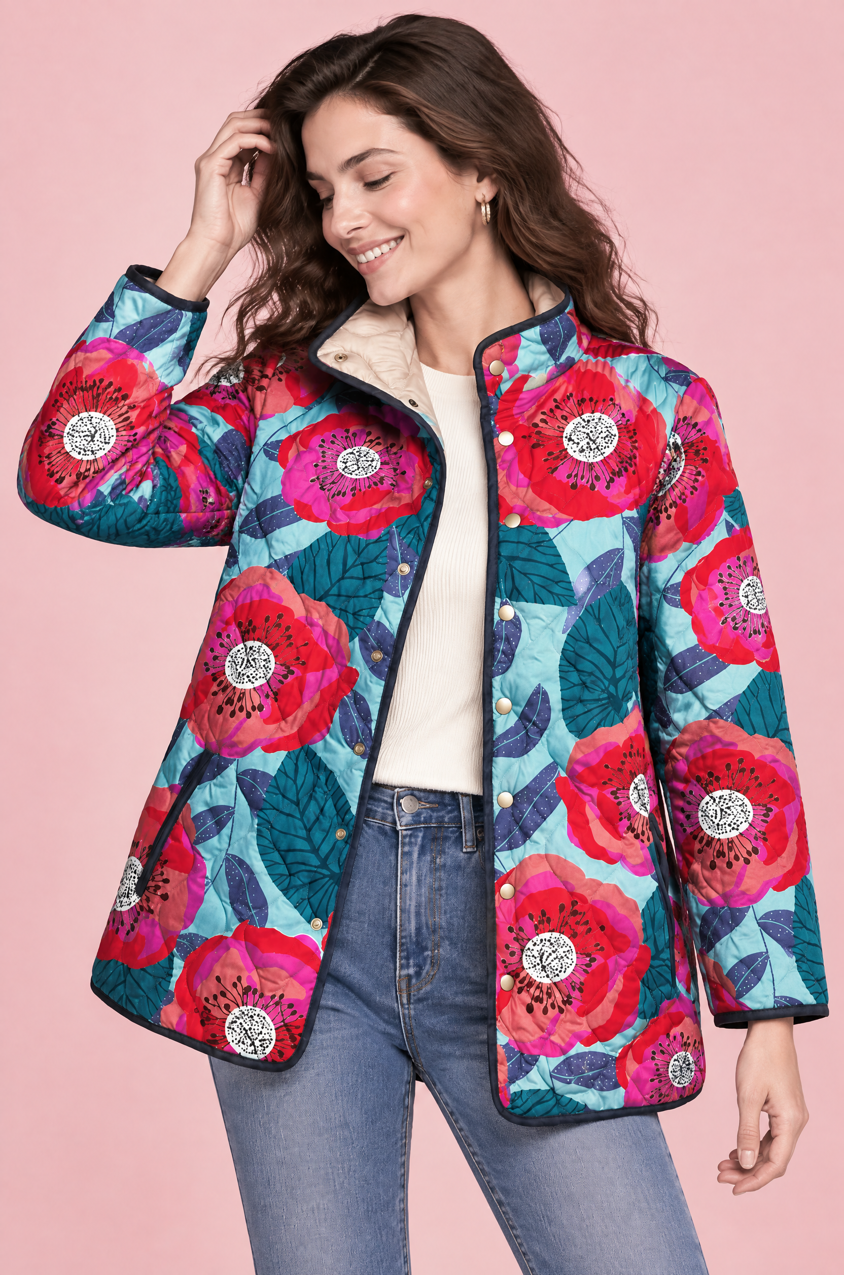 Veste matelassée turquoise à col montant | Vue rapprochée | Lounelle Paris