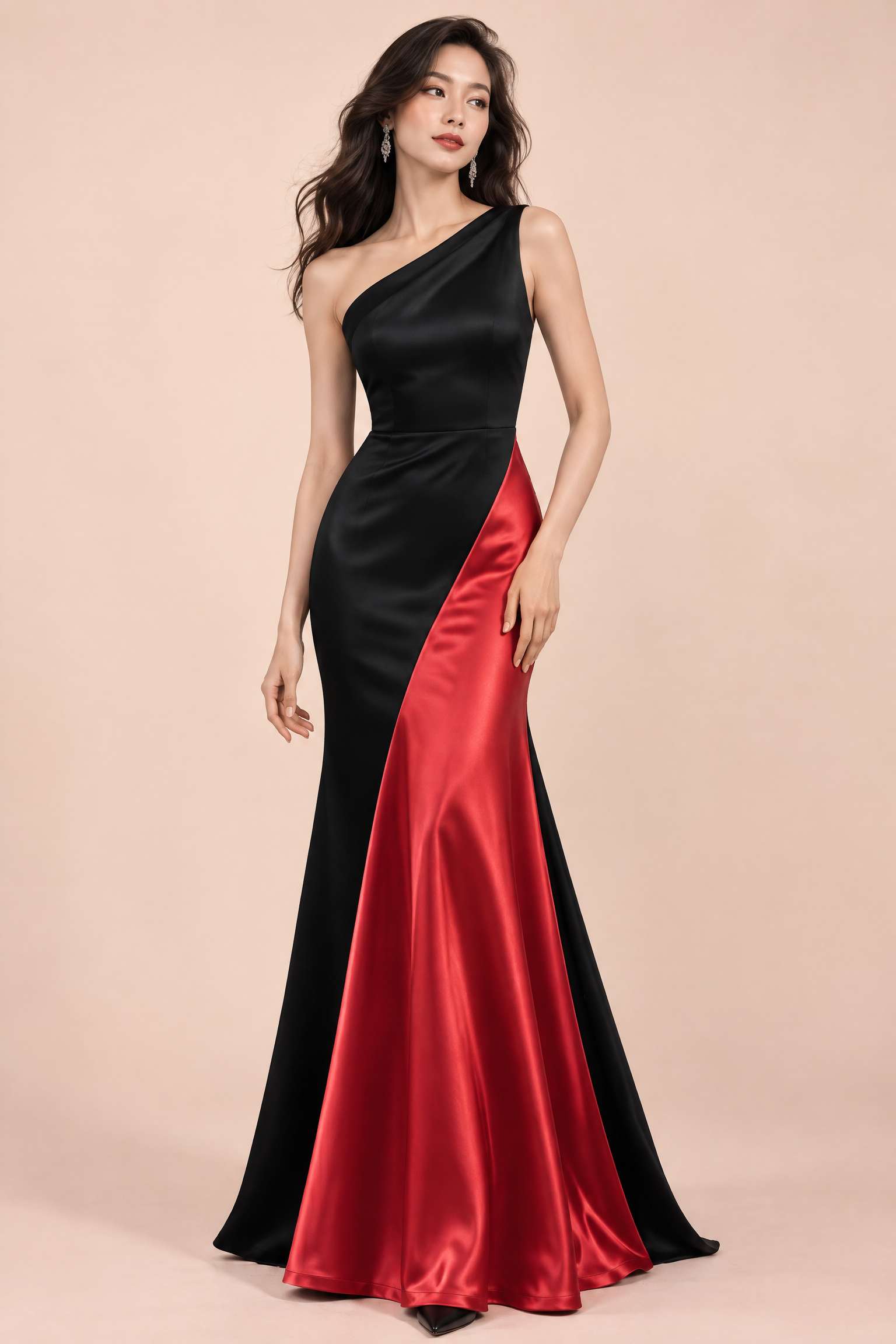 Robe longue noire et rouge à une épaule | Vue de face | Lounelle Paris