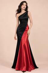 Vestido de gala preto e vermelho de um ombro