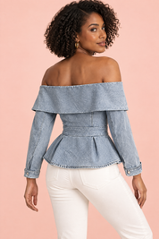 Blouse gris clair à épaules dénudées et basque | Vue de dos | Lounelle Paris