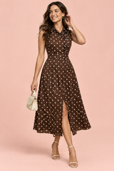 Vestido midi castanho-escuro às bolinhas com decote halter
