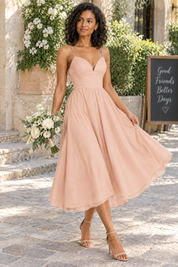Robe midi beige à fines bretelles et jupe ample | Photo lifestyle | Lounelle Paris