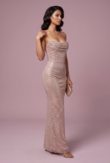 Vestido comprido com lantejoulas e decote drapeado rosa-dourado