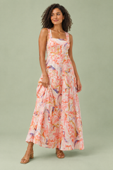 Vestido midi cor-de-rosa com estampado inspirado em porcelana, decote quadrado