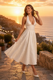Robe midi jacquard à encolure dos nu écru | Deuxième photo lifestyle | Lounelle Paris