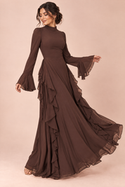 Robe longue marron à volants et manches cloche | Vue de dos | Lounelle Paris