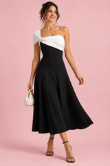Vestido midi preto e branco de um ombro só