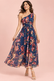 Robe longue fleurie bleue à une épaule, coupe trapèze | Vue de face | Lounelle Paris