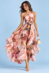 Vestido floral rosa de um ombro só