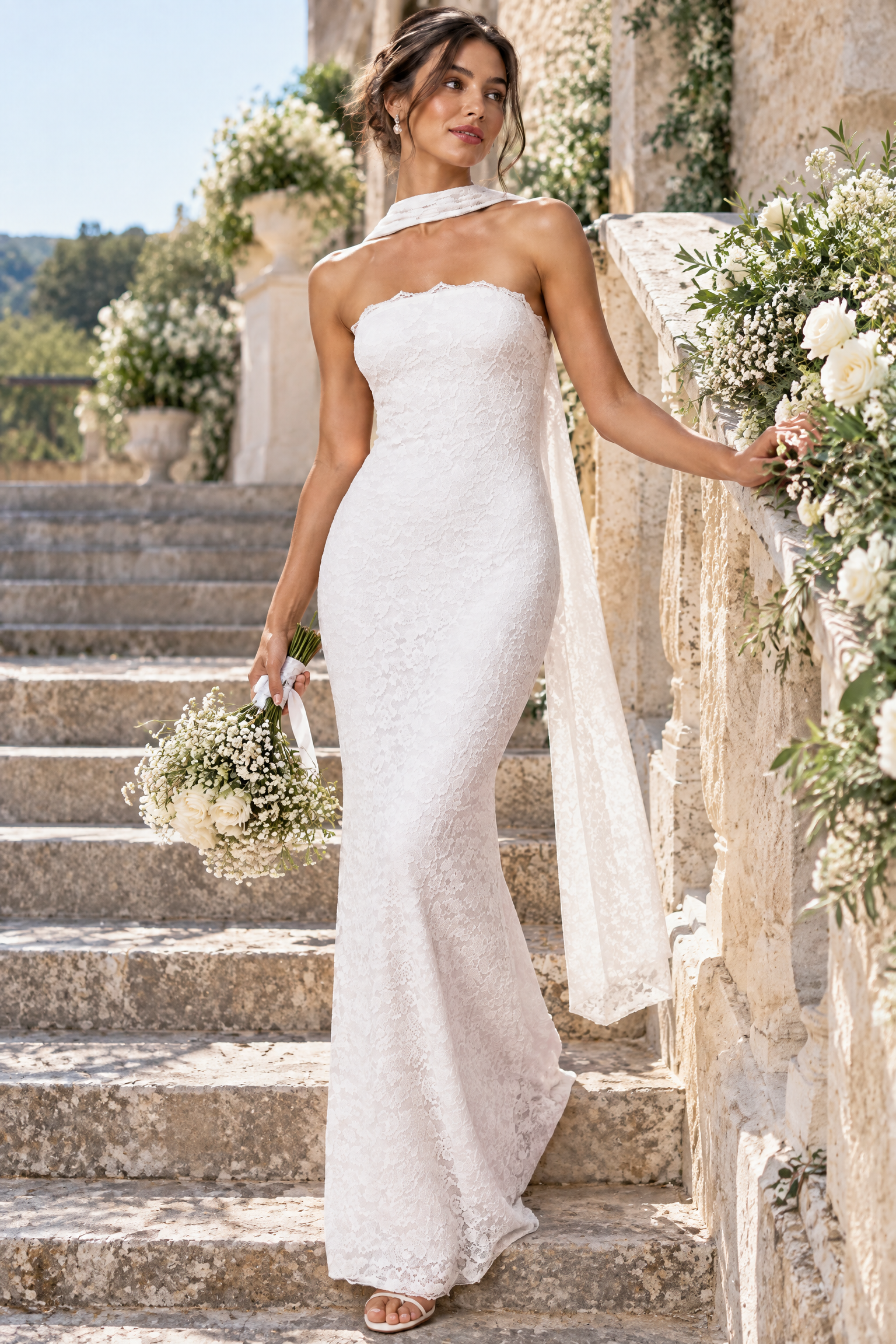 Robe longue moulante blanche en dentelle, bustier avec détail foulard | Photo lifestyle | Lounelle Paris