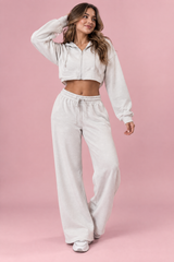 Conjunto de camisola curta com capuz e calças - Branco-sujo