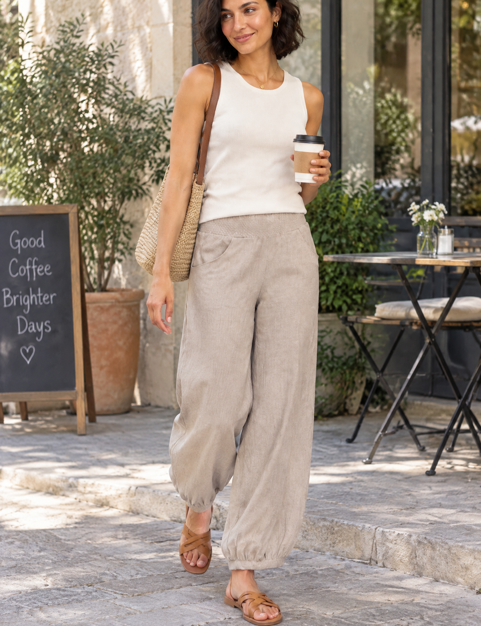 Pantalon beige court à jambes larges | Photo lifestyle | Lounelle Paris