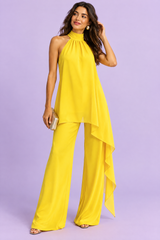 Conjunto de calças fluido amarelo com top sem mangas