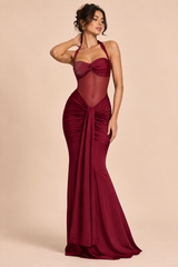 Vestido maxi bordeaux franzido com decote halter