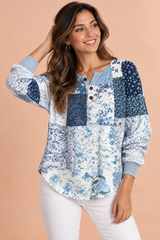 Top Azul Estampado em Malha Waffle