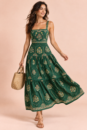 Robe longue vert forêt fleurie à volants | Vue en mouvement | Lounelle Paris