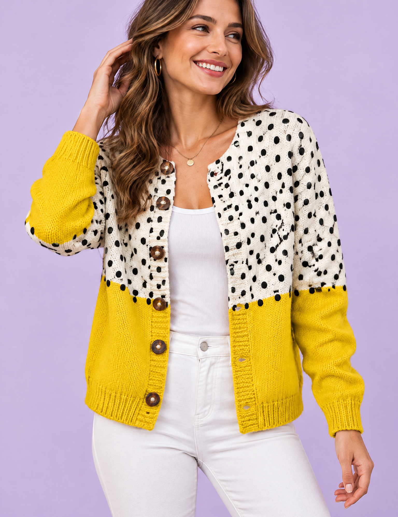 Cardigan fleuri boutonné jaune | Vue de face | Lounelle Paris