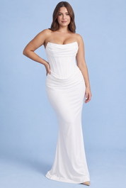 Robe longue blanche froncée à encolure carrée | Porté sur une autre silhouette | Lounelle Paris