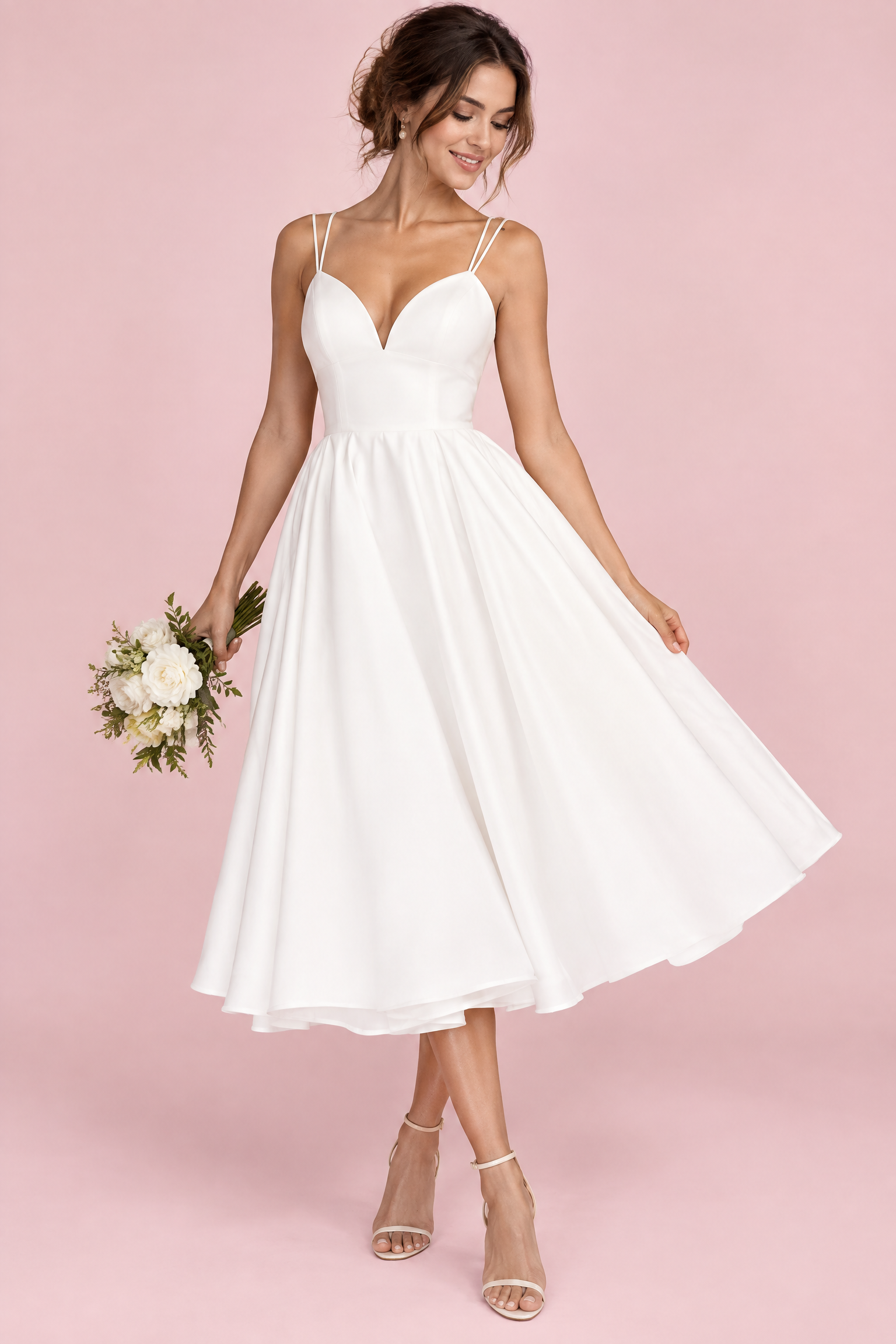 Robe midi blanche à fines bretelles et jupe ample | Vue de face | Lounelle Paris