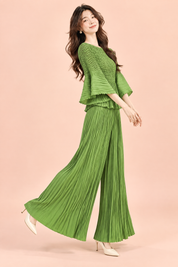 Ensemble plissé vert avec pantalon large | Vue de dos | Lounelle Paris