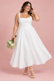 Robe midi blanche à fines bretelles et ourlet ample | Porté sur une silhouette plus ronde | Lounelle Paris