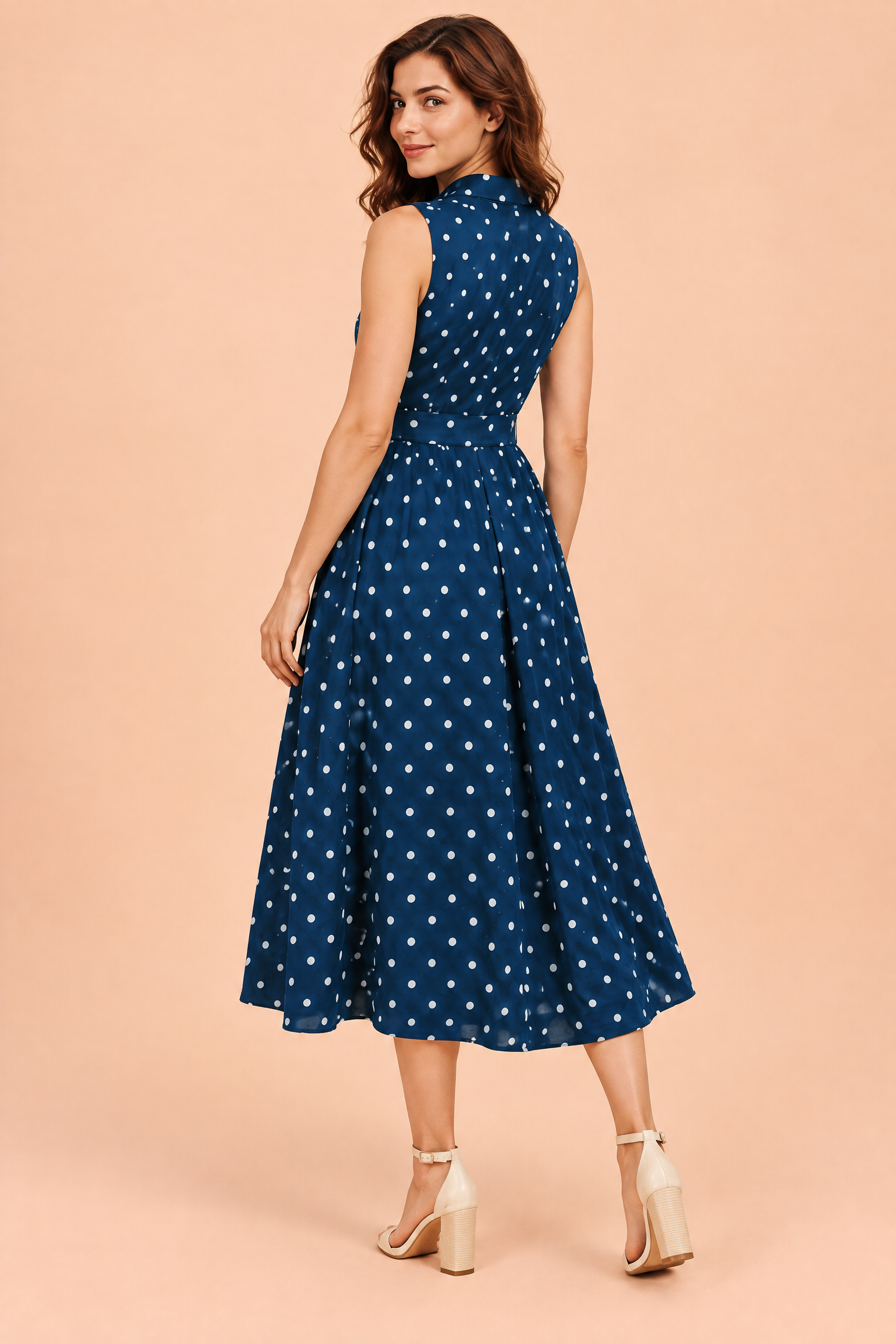 Robe midi bleu marine à pois et dos nu | Vue de dos | Lounelle Paris
