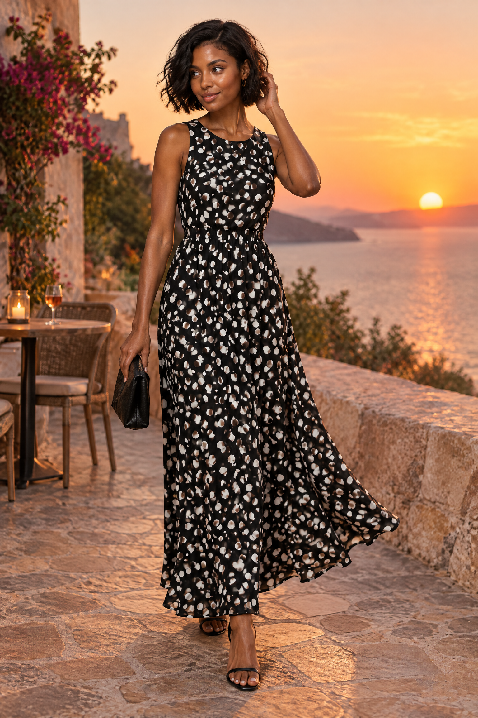 Robe longue noire à pois avec col montant et détails drapés | Deuxième photo lifestyle | Lounelle Paris