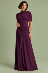 Vestido maxi roxo de gola subida com mangas curtas tipo capa