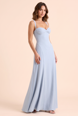 Vestido Comprido Azul Claro Franzido com Decote Coração