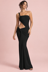 Vestido maxi assimétrico preto com saia envelope