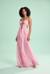 Vestido Comprido Rosa com Decote Halter, Recorte e Malha Transparente