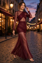 Robe longue moulante bordeaux à fronces | Deuxième photo lifestyle | Lounelle Paris