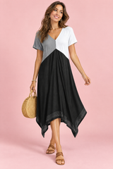 Vestido midi assimétrico preto com decote em V