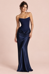 Vestido maxi azul-marinho sem alças tipo espartilho