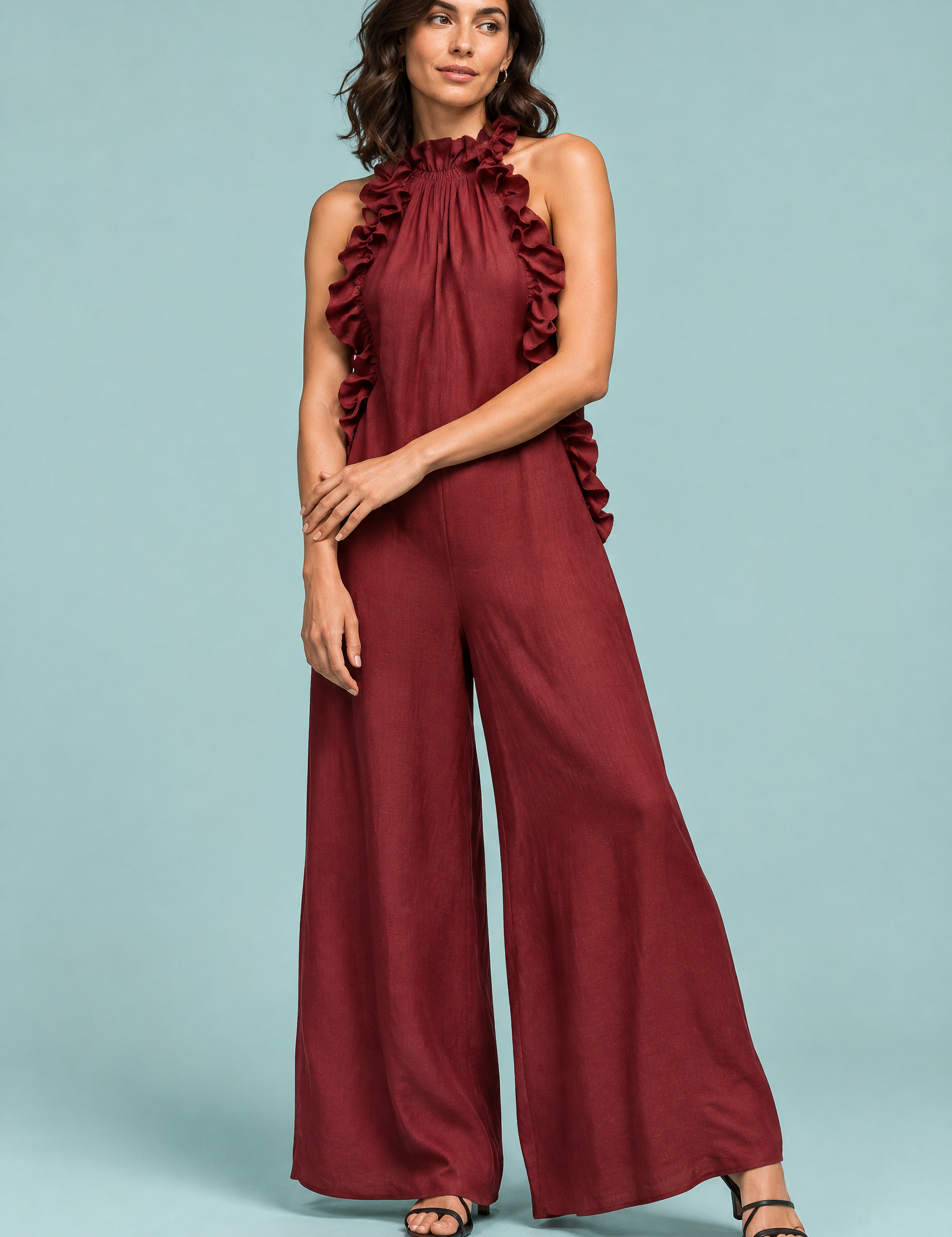 Robe longue rouge brique à volants et encolure américaine | Vue de face | Lounelle Paris