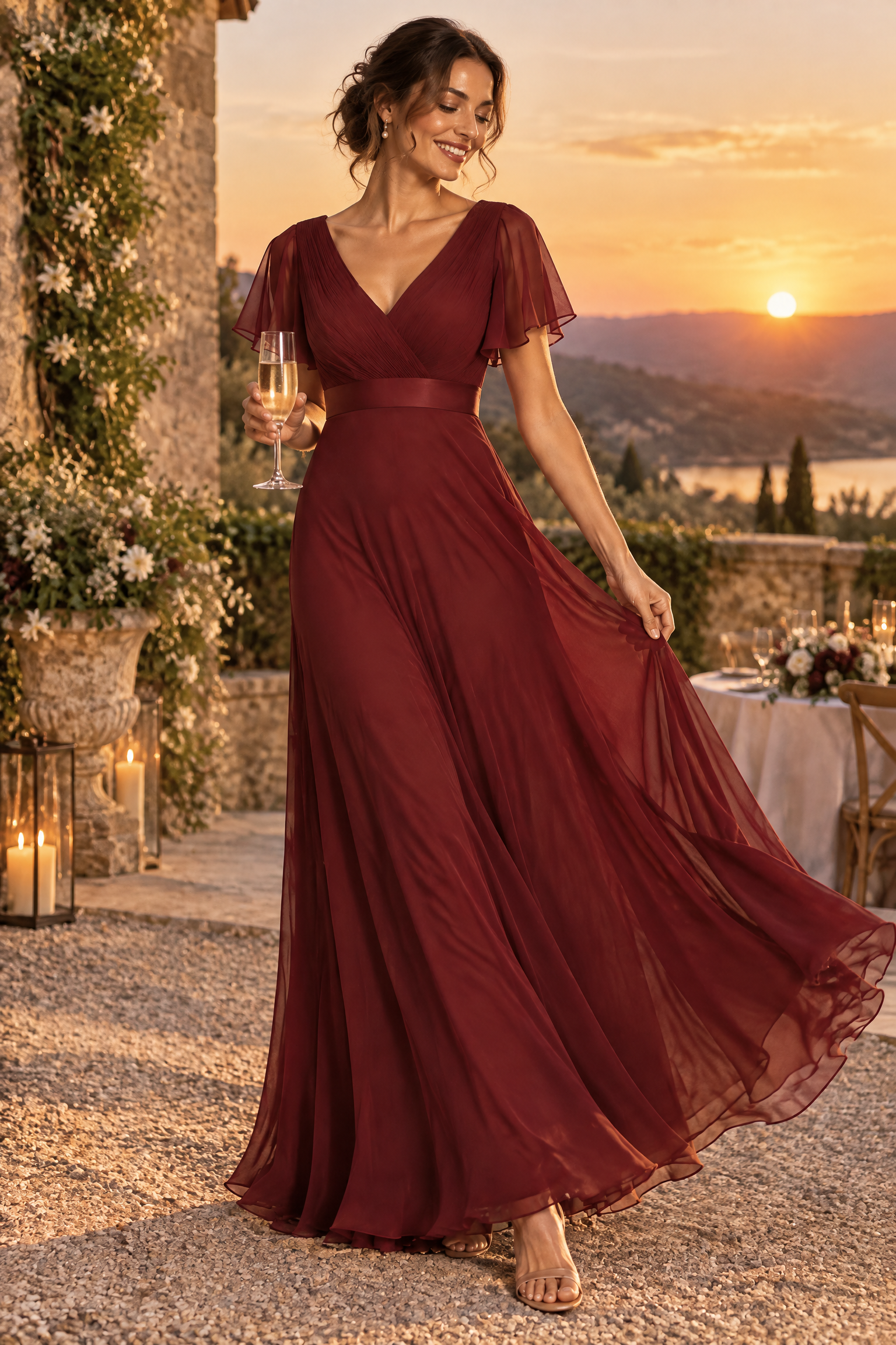 Robe longue plissée bordeaux à col V | Deuxième photo lifestyle | Lounelle Paris