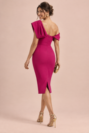 Robe midi moulante drapée à une épaule – fuchsia | Vue de dos | Lounelle Paris