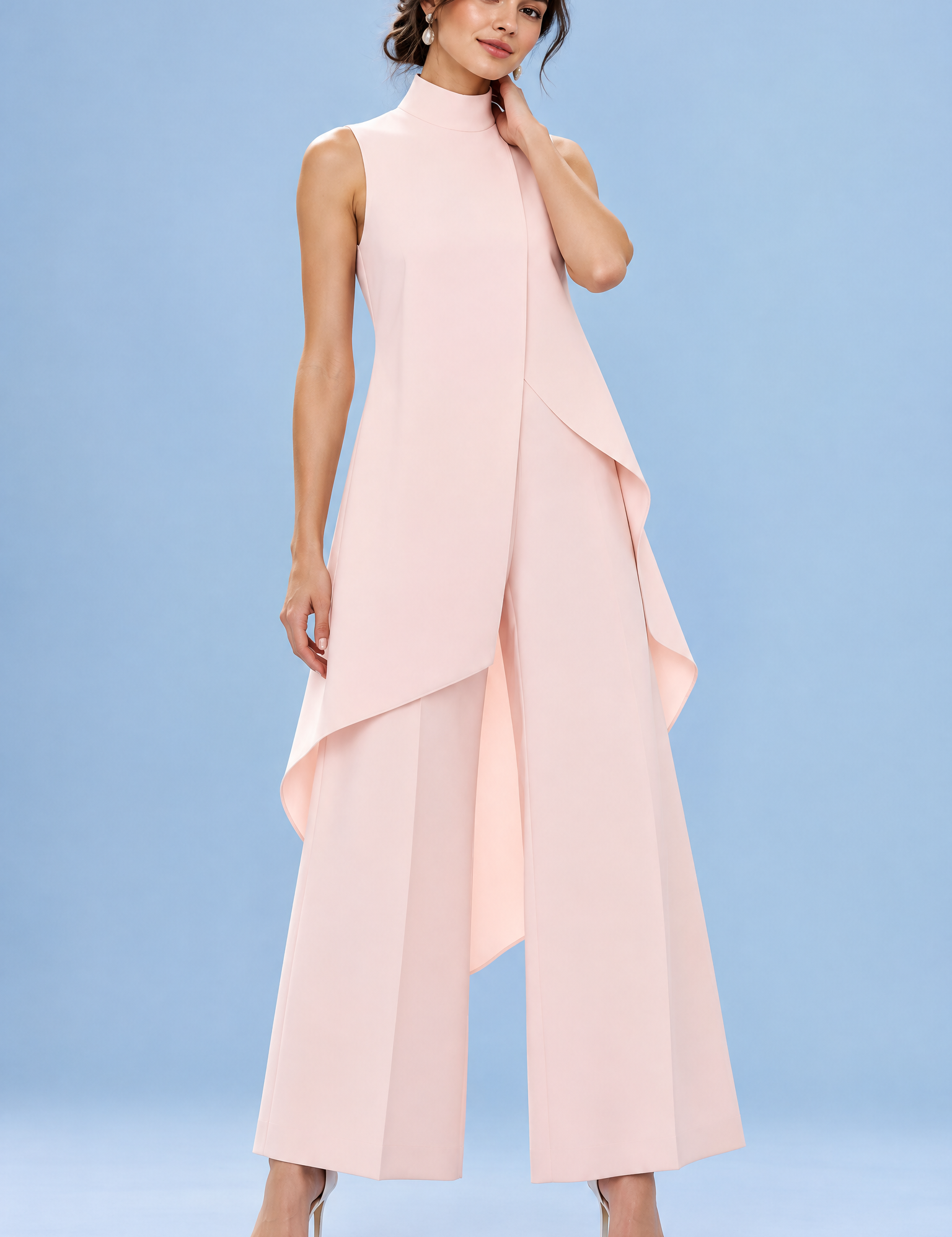 Ensemble pantalon rose fluide avec top sans manches à col montant | Vue de face | Lounelle Paris