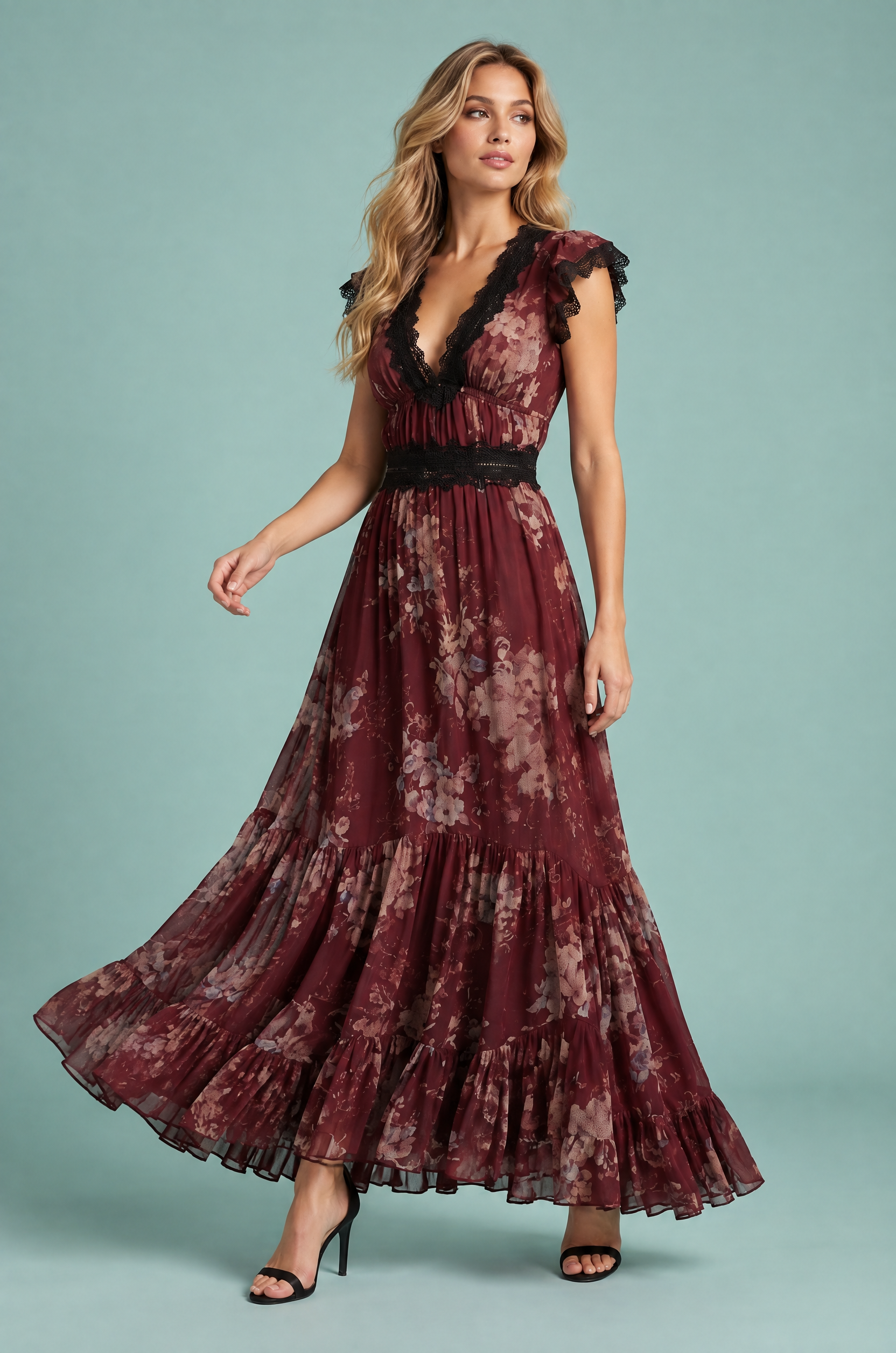 Robe longue fleurie rouge à col V et volants | Vue en mouvement | Lounelle Paris
