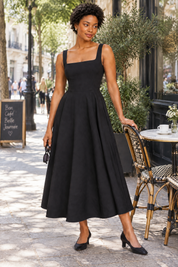 Robe midi noire à fines bretelles et ourlet ample | Photo lifestyle | Lounelle Paris