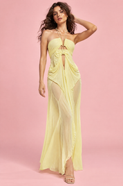 Robe longue jaune asymétrique à découpes | Vue de face | Lounelle Paris