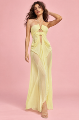 Vestido Comprido Assimétrico com Recortes Amarelo