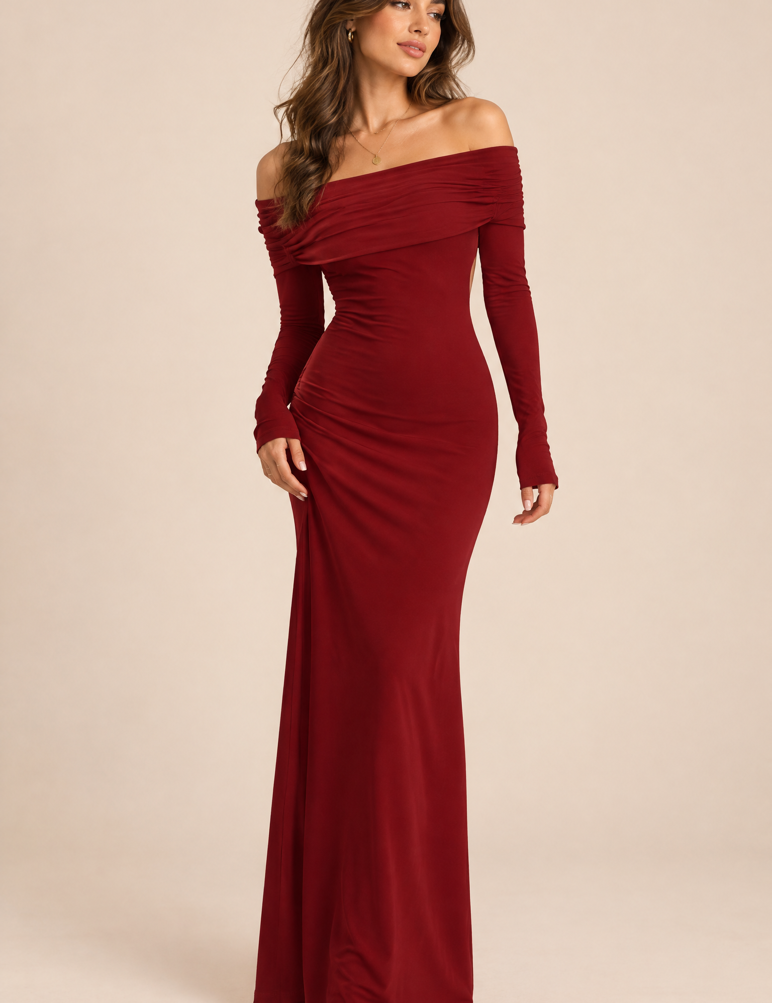 Robe longue bordeaux asymétrique à fronces et drapé | Vue de face | Lounelle Paris