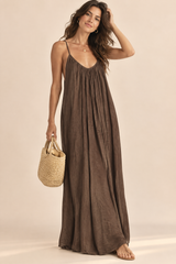 Vestido maxi fluido sem costas Castanho