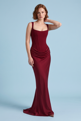 Vestido maxi Bordeaux justo com decote quadrado e franzido